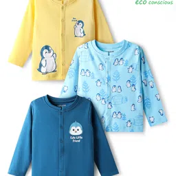 Babyoye 100% Cotton Knit Full Sleeves Jhablas with Penguin Print Pack of 3 - Navy Blue Light Blue & Yellow-picture-9