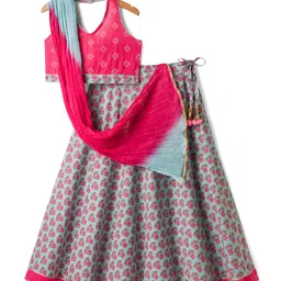 Exclusive from Jaipur Cotton Woven Halter Neck Sleeveless Choli Lehenga & Dupatta Set With Floral Print - Pink-picture-4