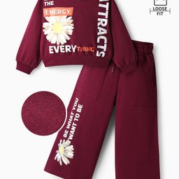 OLLINGTON ST. Cotton Knit Full Sleeves Sweatshirt with Text & Floral Print & Knit Trackpant - Wine-picture-44