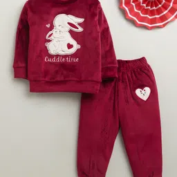 Bumzee Velvet Knit Full Sleeves Winter Wear T-Shirt & Lounge Pant Set With Rabbit Embroidery - Maroon-picture-35