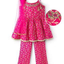 EARTHY TOUCH Woven Sleeveless Kurti Salwar Set with Dupatta Floral Embroidery & Glitter Print - Dark Pink-picture-47