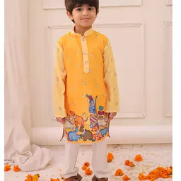 KID1 Silk Woven Janmashtami Theme Full Sleeves Lord Krishna Printed Kurta Pyjama Set - Yellow-picture-18