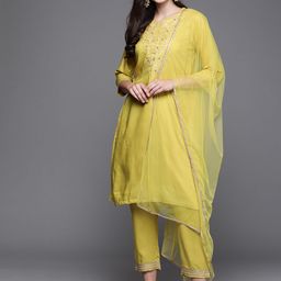 Biba Women Lime Green Embroidered Kurta with Trousers & Dupatta-image-73
