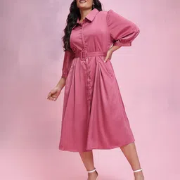 DressBerry Curve Plus Size Sheen Finish Shirt Dress with Belt-image-43