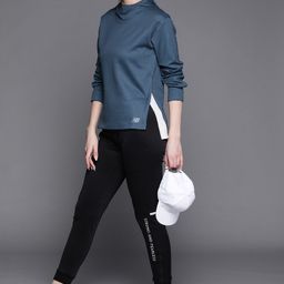 New Balance Women Teal Blue Drop-Shoulder Sleeves Solid Hooded Sweatshirt-image-17