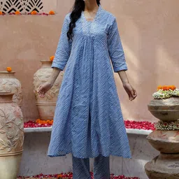 RangDeep Stripped Embroidered Sequinned Pure Cotton A-Line Kurta With Trousers-13