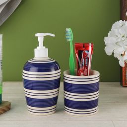 VarEesha Set Of 2 Blue & Off-White Striped Ceramic Bathroom Accessories-16