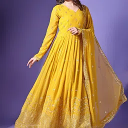 KALINI Embroidered Fit & Flared Ethnic Dress With Dupatta-picture-39