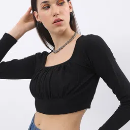 Tokyo Talkies Black Square Neck Ruched Blouson Crop Top-picture-37