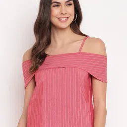 Mayra Pink Striped Cold-shoulder Sleeves Top-image-10