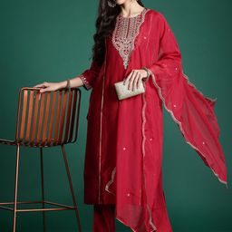 Indo Era Women Ethnic Motifs Embroidered Panelled Liva Kurta with Trousers & With Dupatta-image-35