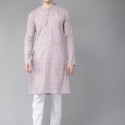See Designs Men Beige & Lavender Ethnic Motifs Pure Cotton Block Print Handloom Kurta-image-84