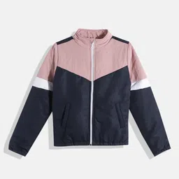 M&H Juniors Girls Navy Blue & Pink Colourblocked Padded Jacket-image-6