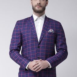 Hangup Men Navy Blue & Pink Checked Single-Breasted Casual Blazer-4