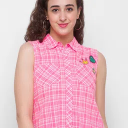 Globus Women Pink Checked Pure Cotton Shirt Style Top-image-93