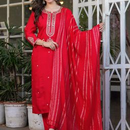 ZIBLON Women Ethnic Motifs Embroidered Regular Thread Work Chanderi Cotton Kurta with Trousers & With Dupatta-image-79
