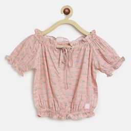 TALES & STORIES Peach-Coloured & Off White Print Tie-Up Neck Blouson Top-picture-16