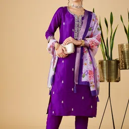 MOKOSH Floral Embroidered Notch Neck Straight Kurta With Trousers And Dupatta-51