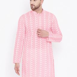 VASTRAMAY Men Pink & White Ethnic Motifs Embroidered Chikankari Cotton Kurta-image-99