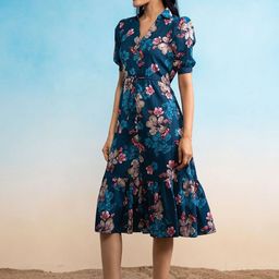 Raiyani Fashion Floral Print Shirt Collar Puff Sleeve Tie-Up Fit & Flare Midi Dress-picture-2
