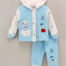 Little Darlings Full Sleeves Hooded Winter Wear T-Shirt & Joggerpant Set Multi Print - Blue-image-18