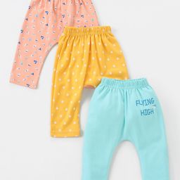 Babyhug Cotton Knit Full Length Diaper Leggings Pack of 3 Paper Planes & Stars Print - Pink Yellow & Sky Blue-image-30