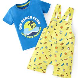 Babyhug 100% Cotton Knit Dungaree and Half Sleeves T-Shirt Set Beach Theme Print - Yellow & Blue-image-90