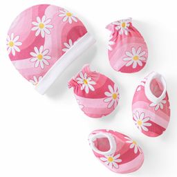 Babyhug 100% Cotton Knit Cap Mittens & Booties Set Floral Print - Pink-image-65