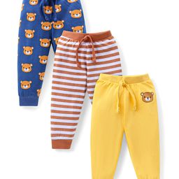 Babyhug Cotton Knit Full Length Lounge Pants With Stripes & Teddy Print Pack Of 3 - Blue Brown & Yellow-image-83