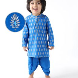 EARTHY TOUCH Single Jersey Knit Full Sleeves Floral Foil Printed Kurta Dhoti Set - Blue-image-101