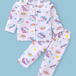 Little Darlings Cotton Knit Full Sleeves Unicorn Print Night Suit - White-image-93