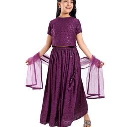 Pine Kids Woven Half Sleeves Sequinned Choli Lehenga Set with Dupatta - Wine-image-54