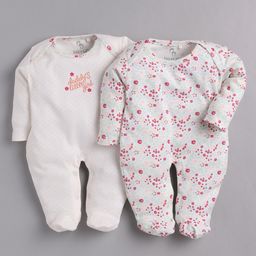 BABY GO Pack Of 2 Full Sleeves Floral Printed Footed Rompers - Peach-image-14