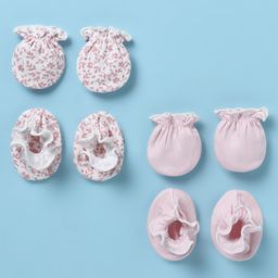 Ben Benny 100% Cotton Knit Mitten & Booties Set Solid & Floral Print Pack of 2 - White & Pink-image-45