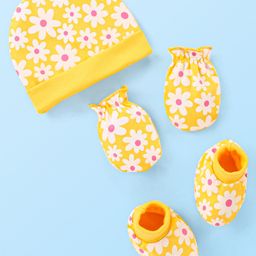 Babyhug 100% Cotton Knit Floral Printed Cap With Pair Of Mittens & Booties - Yellow-picture-17
