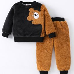 Kookie Kids Full Sleeves Fur Winter Wear T-Shirt & Lounge Pant with Bear Design - Black-image-95