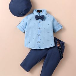 Robo Fry Cotton Woven Full Sleeves Printed Shirt & Trouser With Hat Bow & Suspender - Light Blue-image-64