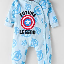 Babyhug Marvel Interlock Knit Full Sleeves Avenger Printed Front Open Romper - Light Blue-image-22