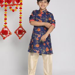 Vastramay Full Sleeves Floral Printed Kurta With Solid Pyjama Set - Navy Blue & Cream-image-68
