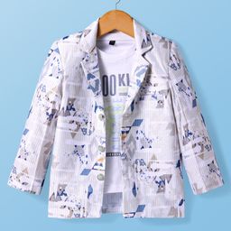 Rikidoos Full Sleeves Abstract Printed Blazer With Typography Printed Tee - Pista Green & White-picture-5