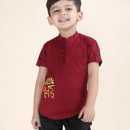 Polka Tots Cotton Half Sleeves Little Ladoo Text Embroidered & Striped Kurta - Maroon-image-46