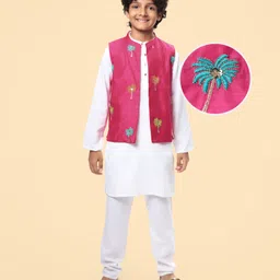 Pine Kids Woven Full Sleeves Kurta Pajama Set With Floral Embroidered Jacket - White-picture-46