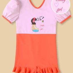 Mark & Mia Half Puffed Sleeves Legged Swimsuit With Girl Print - Dark Peach & Pink-picture-19