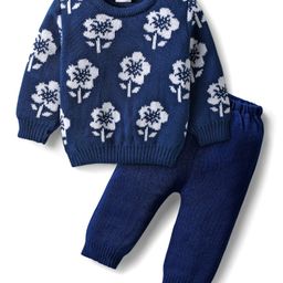 Babyhug Knitted Full Sleeves Sweater Set With Floral Design - Navy Blue-image-89