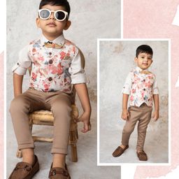 LITTLE COLLARS Blended Full Sleeves Floral Printed 3 Piece Party Suit With Attached Mustache Bow Set - Peach-image-76