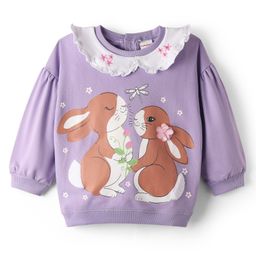 Babyhug Cotton Knit Full Sleeves Sweatshirt with Bunny Print & Floral Applique - Purple-image-51