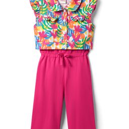 Babyhug Cotton Knit Sleeveless Jumpsuit With Frill Sleeve Jacket With Tropical Theme Print - Dark Pink-image-6