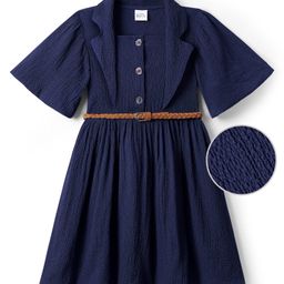 Hola Bonita Woven Half Sleeves Textured Solid Dress With Belt - Navy Blue-image-47