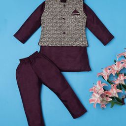 Ridokidz Full Sleeves Solid Kurta & Pyjama With Floral Embroidered Jacket Set - Wine-image-99