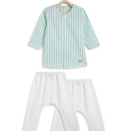 Tiber Taber 100% Cotton Woven Full Sleeves Striped Kurta & Pyjamas Set - Green-image-23